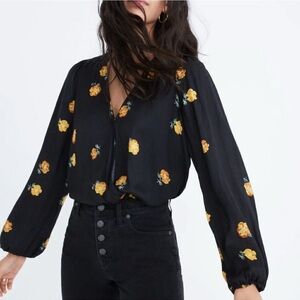 Madewell Black Floral Wrap Top